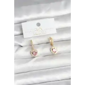 Pirinç Gold Pembe Renk Zirkon Taşlı Kalp Model Kadın Küpe