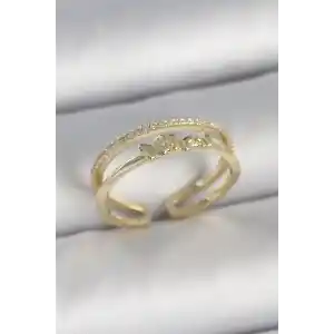 Pirinç Gold Renk 2Li Sıra Zirkon Taş Detaylı Kelebek Figürlü Ayarlanabilir Model Kadın Yüzük