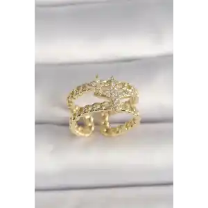 Pirinç Gold Renk 2Li Zincir Zirkon Taşlı Yıldız Figür Kadın Yüzük