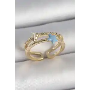 Pirinç Gold Renk 2Li Zirkon Taşlı Mavi Yıldız Figür Ayarlanabilir Kadın Yüzük