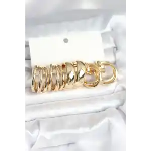Pirinç Gold Renk 3 Çift Vintage Kadın Küpe Seti