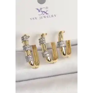 Pirinç Gold Renk 3Lü Halka Model Gümüş Zirkon Taş Detaylı Kadın Kombin Küpe