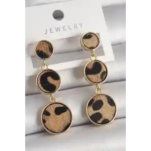Pirinç Gold Renk 3Lü Leopar Desenli Sallantı Daire Plaka Model Kadın Küpe