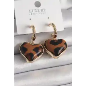 Pirinç Gold Renk 3D Kalp Leopar Desen Model Kadın Küpe