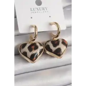 Pirinç Gold Renk 3D Kalp Leopar Model Kadın Küpe