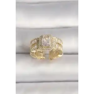 Pirinç Gold Renk Ayarlanabilir Baget Zirkon Taş Model Kadın Yüzük