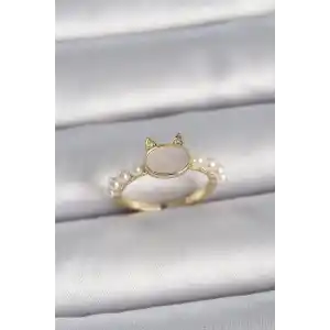 Pirinç Gold Renk Ayarlanabilir Beyaz Mineli Kedi Model İnci Detay Kadın Yüzük