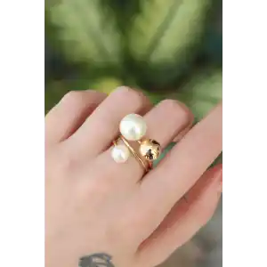 Pirinç Gold Renk Ayarlanabilir İnci Taşlı Yüzük