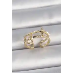 Pirinç Gold Renk Ayarlanabilir Zirkon Taşlı İncili Yıldız Model Kadın Yüzük
