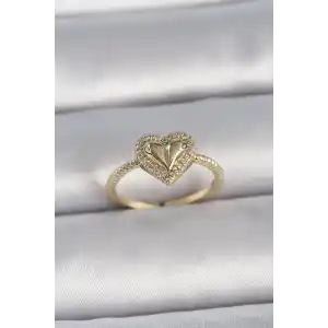 Pirinç Gold Renk Ayarlanabilir Zirkon Taşlı Kalp Model Kadın Yüzük