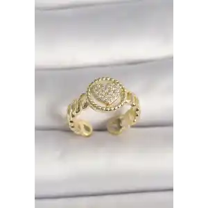 Pirinç Gold Renk Ayarlanabilir Zirkon Taşlı Kalp Model Kadın Yüzük