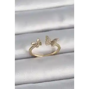 Pirinç Gold Renk Ayarlanabilir Zirkon Taşlı Kelebek Model Kadın Yüzük