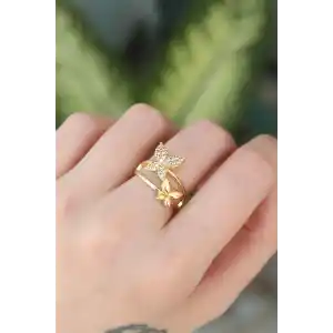 Pirinç Gold Renk Ayarlanabilir Zirkon Taşlı Kelebek Yüzük