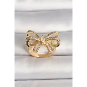 Pirinç Gold Renk Ayarlanabilir Zirkon Taşlı Kurdele Model Kadın Yüzük