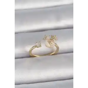 Pirinç Gold Renk Ayarlanabilir Zirkon Taşlı Yıldız Model Kadın Yüzük