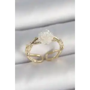 Pirinç Gold Renk Beyaz Gül Model Ayarlanabilir Kadın Yüzük