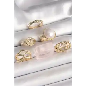 Pirinç Gold Renk Beyaz İncili Zincir Yüzük Figür İşleme Detay 6Lı Kadın Yüzük Seti