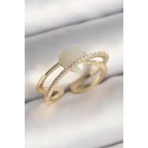 Pirinç Gold Renk Beyaz Kristal Kalp Model Zirkon Taş Detay Kadın Yüzük