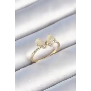 Pirinç Gold Renk Beyaz Mineli Zirkon Taşlı Kelebek Model Kadın Yüzük