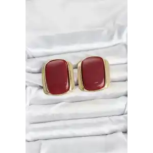 Pirinç Gold Renk Bordo Plaka Vintage Kadın Küpe