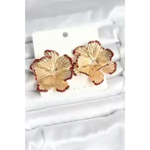 Pirinç Gold Renk Bordo Renk Detaylı Lotus Kadın Küpe