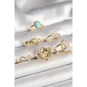 Pirinç Gold Renk Çiçek Model Model Sonsuzluk Zirkon Taş Detaylı 6Lı Kadın Yüzük Seti