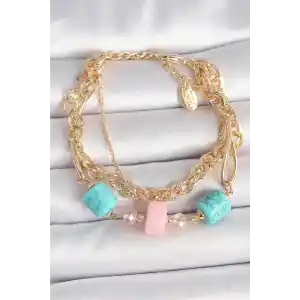 Pirinç Gold Renk Çoklu Zincir Model Mavi Taş Figürlü Kadın Bileklik