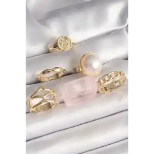 Pirinç Gold Renk Daire 3D İncili Figür Zincir Model Gül İşleme Detaylı 6Lı Kadın Yüzük Seti