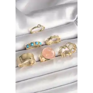 Pirinç Gold Renk Daire Pembe Mineli Zirkon Taş Detaylı 6Lı Kadın Yüzük Seti