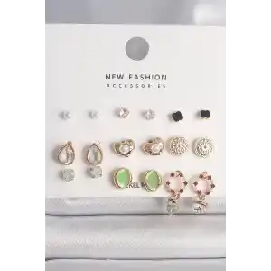 Pirinç Gold Renk Damla Zirkon Taşlı İncili Kalp Detay 9 Çift Kadın Küpe Seti