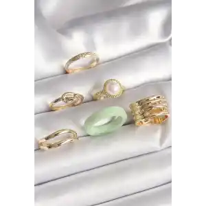 Pirinç Gold Renk Düğüm Model İncili İşlemeli Plaka Model 6Lı Kadın Yüzük Seti