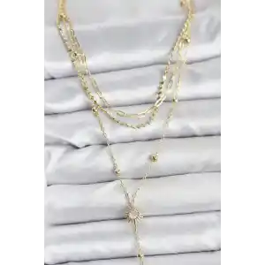 Pirinç Gold Renk Güneş Model Detaylı 3lü Kombin Y Kadın Kolye