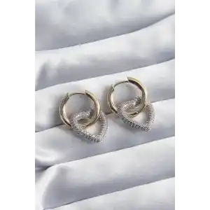 Pirinç Gold Renk Halka Gümüş Zirkon Taşlı Kalp Model VİP Seri Kadın Küpe