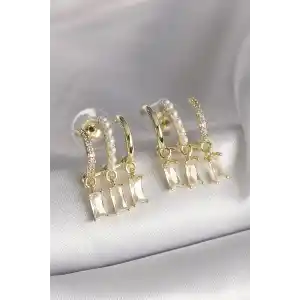 Pirinç Gold Renk İnci Detay Sallantı Zirkon Taşlı Kadın Küpe