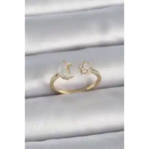 Pirinç Gold Renk İncili Hilal Zirkon Taşlı Yıldız Ayarlanabilir Model Kadın Yüzük