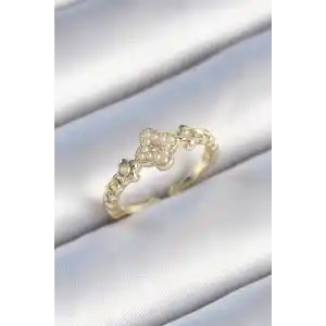 Pirinç Gold Renk İncili Yonca Model Zirkon Taş Detay Kadın Yüzük