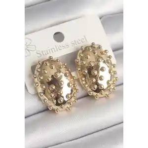 Pirinç Gold Renk İşleme Detaylı Oval Bombe Plaka Model Kadın Küpe