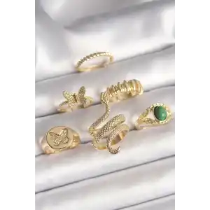 Pirinç Gold Renk İşlemeli Yılan Model Kelebek Detay 6Lı Kadın Yüzük Seti
