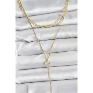 Pirinç Gold Renk Kalp Detaylı 3lü Kombin Y Kadın Kolye