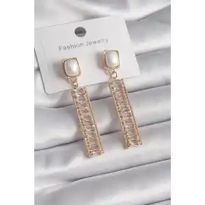 Pirinç Gold Renk Kare İnci Zirkon Taşlı Su Yolu Model Kadın Küpe