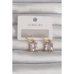 Pirinç Gold Renk Kare Zirkon Taşlı Halka Küpe