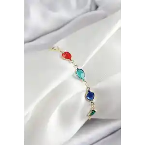 Pirinç Gold Renk Karışık Renk Damla Zirkon Taşlı Kadın Bileklik