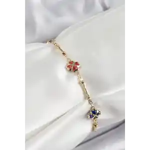 Pirinç Gold Renk Karışık Renk Yonca Zirkon Taşlı Kadın Bileklik