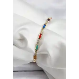 Pirinç Gold Renk Karışık Renkli Kare Zirkon Taşlı Kadın Bileklik