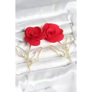 Pirinç Gold Renk Kırmızı Gül Model Kadın Küpe