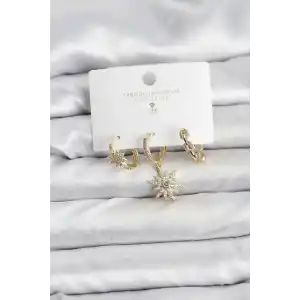 Pirinç Gold Renk Kutup Yıldızı Model 3lü Kadın Küpe Seti