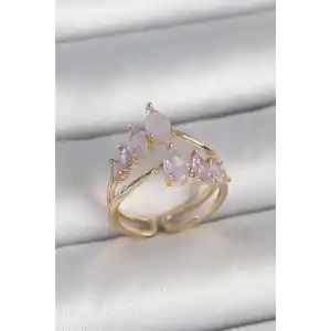 Pirinç Gold Renk Mor Damla Zirkon Taşlı Taç Model Kadın Yüzük