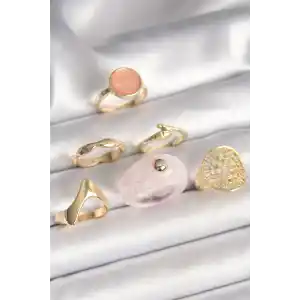 Pirinç Gold Renk Pembe Plastik Yüzük Model Daire Pembe Mine Yılan Detay 6Lı Kadın Yüzük Seti