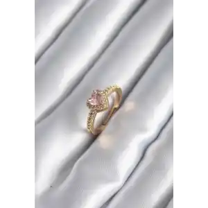 Pirinç Gold Renk Pembe Zirkon Taş Kalp Charm Model Kadın Yüzük