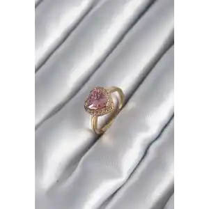 Pirinç Gold Renk Pembe Zirkon Taş Kalp Charm Model Kadın Yüzük